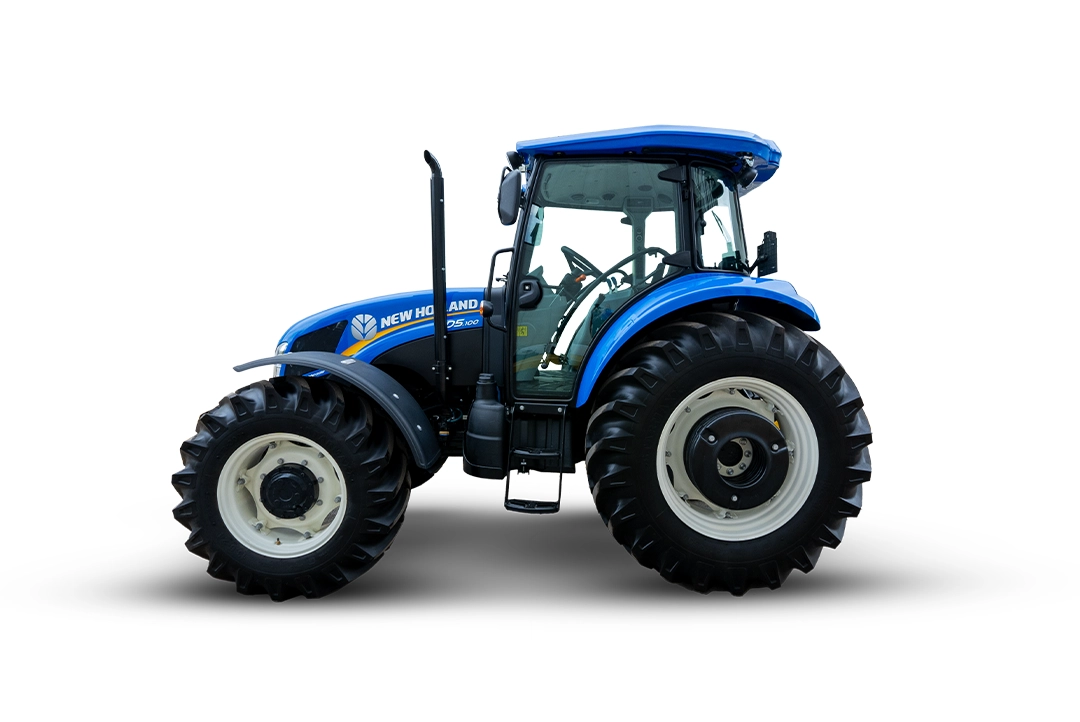 Tractor agrícola New Holland TD5.100 azul con cabina cerrada de perfil sobre fondo blanco.