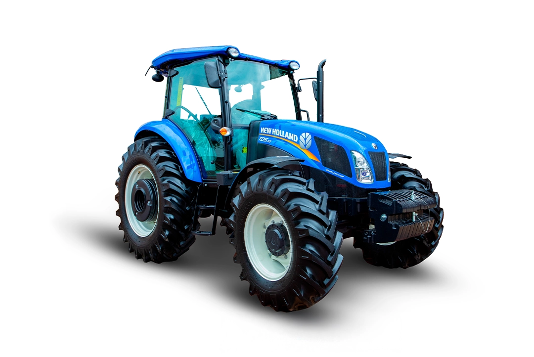 Tractor agrícola New Holland TD5.110 azul con cabina cerrada visto de perfil sobre fondo blanco.