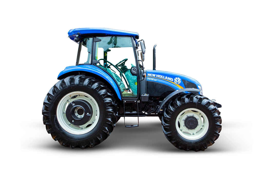 Tractor New Holland TD5.110 azul con cabina y contrapesos delanteros sobre fondo blanco