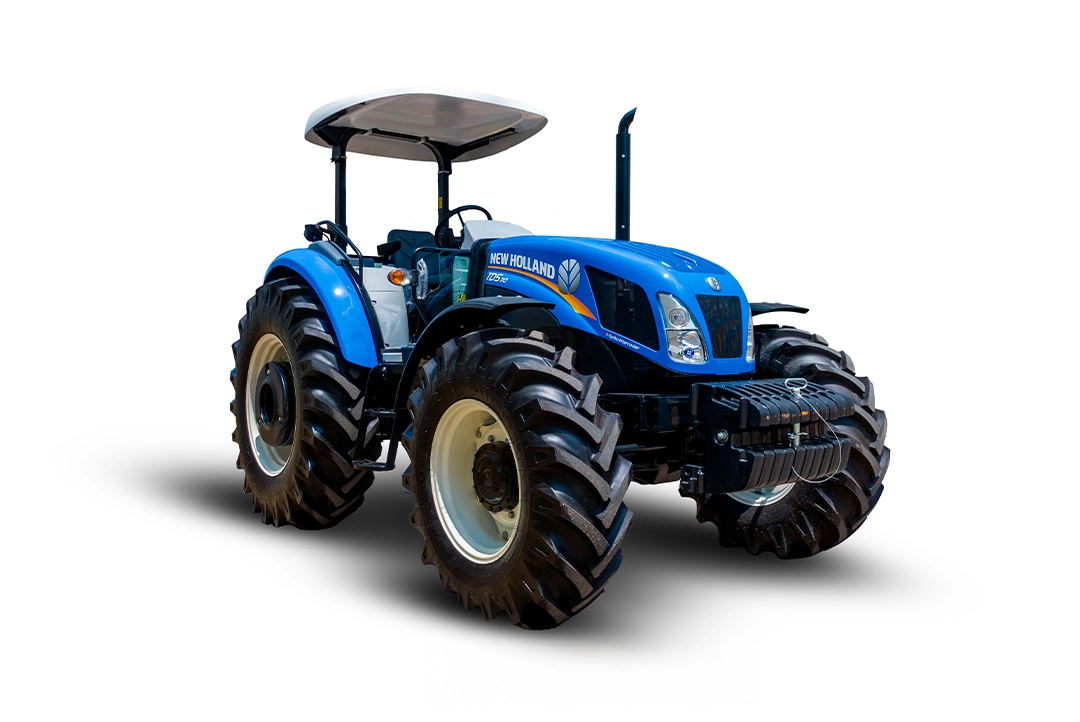 Tractor agrícola New Holland TD5.110 azul con techo de protección y doble tracción.