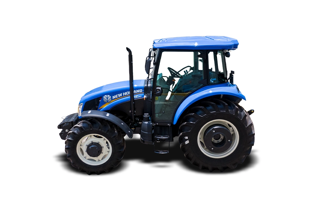 Tractor New Holland TD5.90 azul visto desde ángulo frontal superior en fondo blanco.