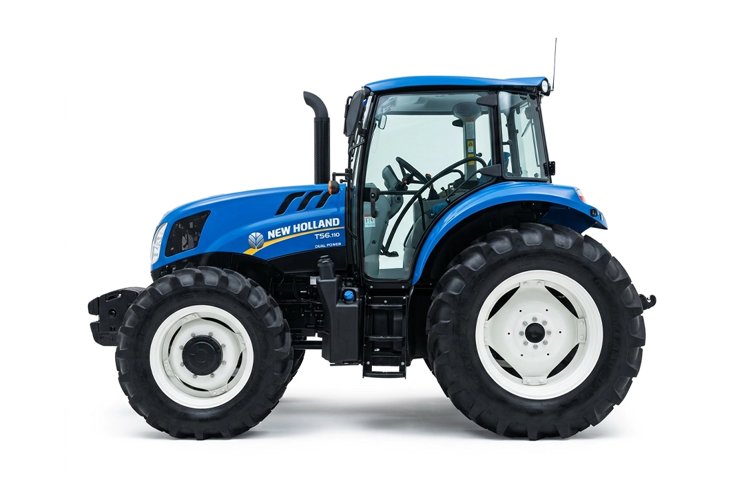 Vista lateral de tractor agrícola New Holland TS6.110 Dual Power con cabina.