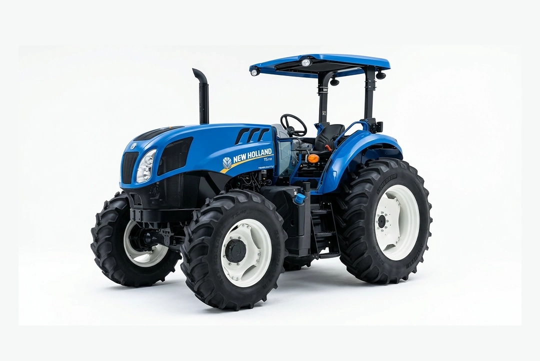 Vista frontal de tractor agrícola New Holland TS6.120 con techo protector.