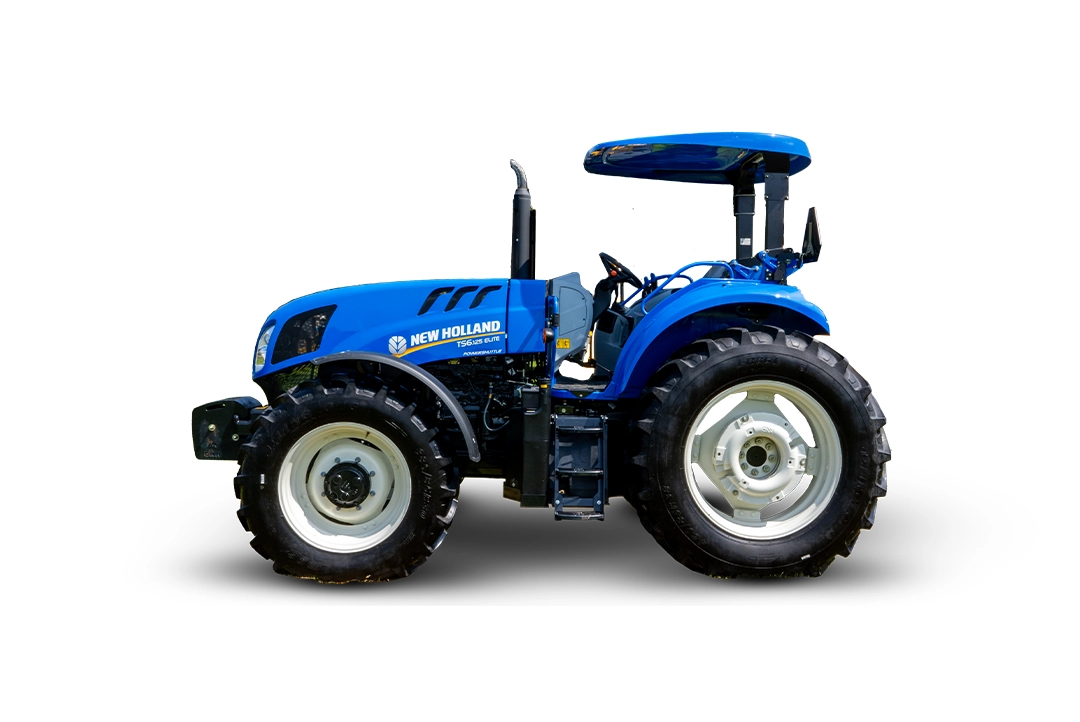 Vista lateral de perfil de un tractor agrícola New Holland TS6.120 Elite