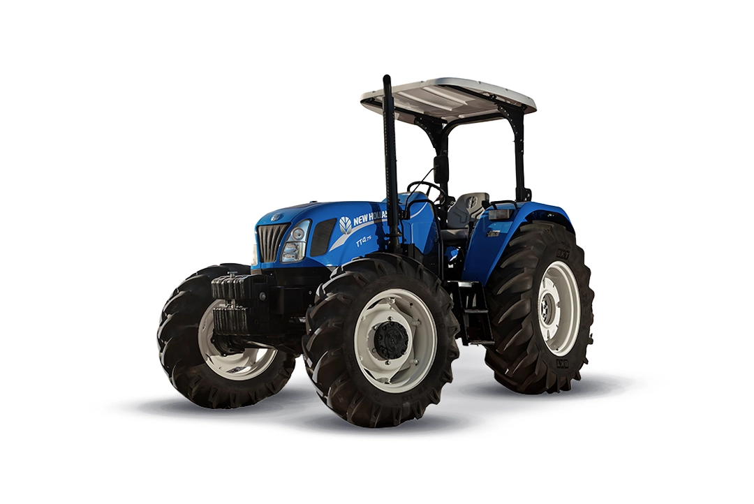 Tractor agrícola New Holland TT4.75 con contrapesos frontales y tracción 4WD.