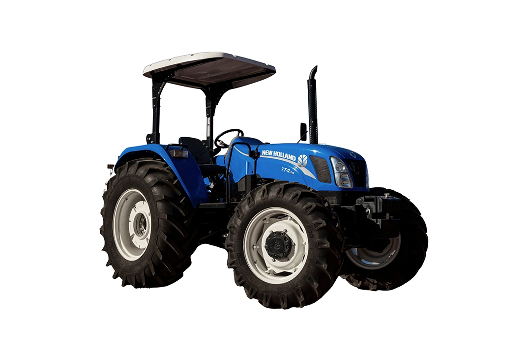 Tractor utilitario New Holland TT4.75 4WD con estructura de seguridad y toldo.