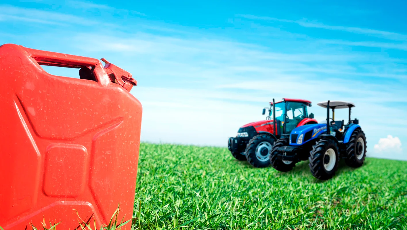 Combustible diésel y tractores agrícolas de fondo en un campo verde.